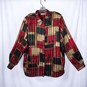VTG Alfred Dunner Woman 18 Button‎ Down Top Paisley Print Blouse Red Gold Black